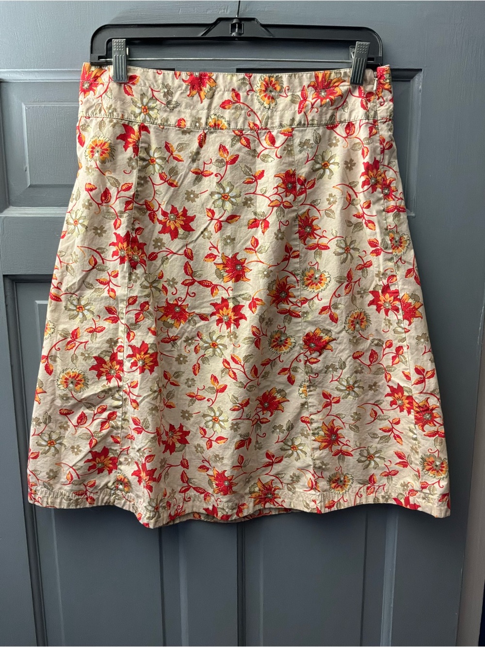 Eddie Bauer Cream A-Line Skirt with Red Floral Pattern